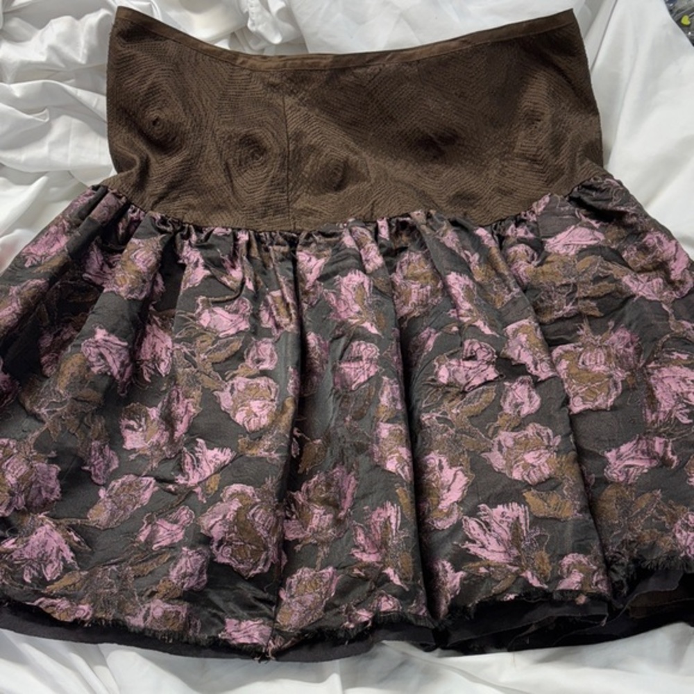 Johnny Was Biya 100% silk Anthropology lined brown blk blush floral skirt M
